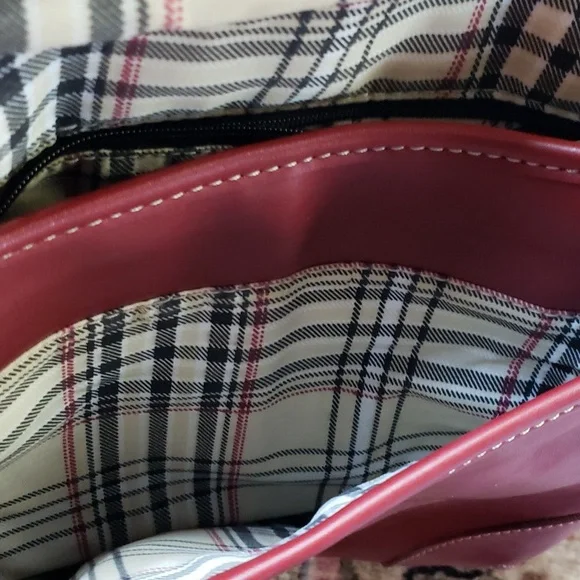 LIZ CLAIBORNE Shoulder Organizer Pockets Bag Red / Plaid Faux Leather - Picture 9 of 12